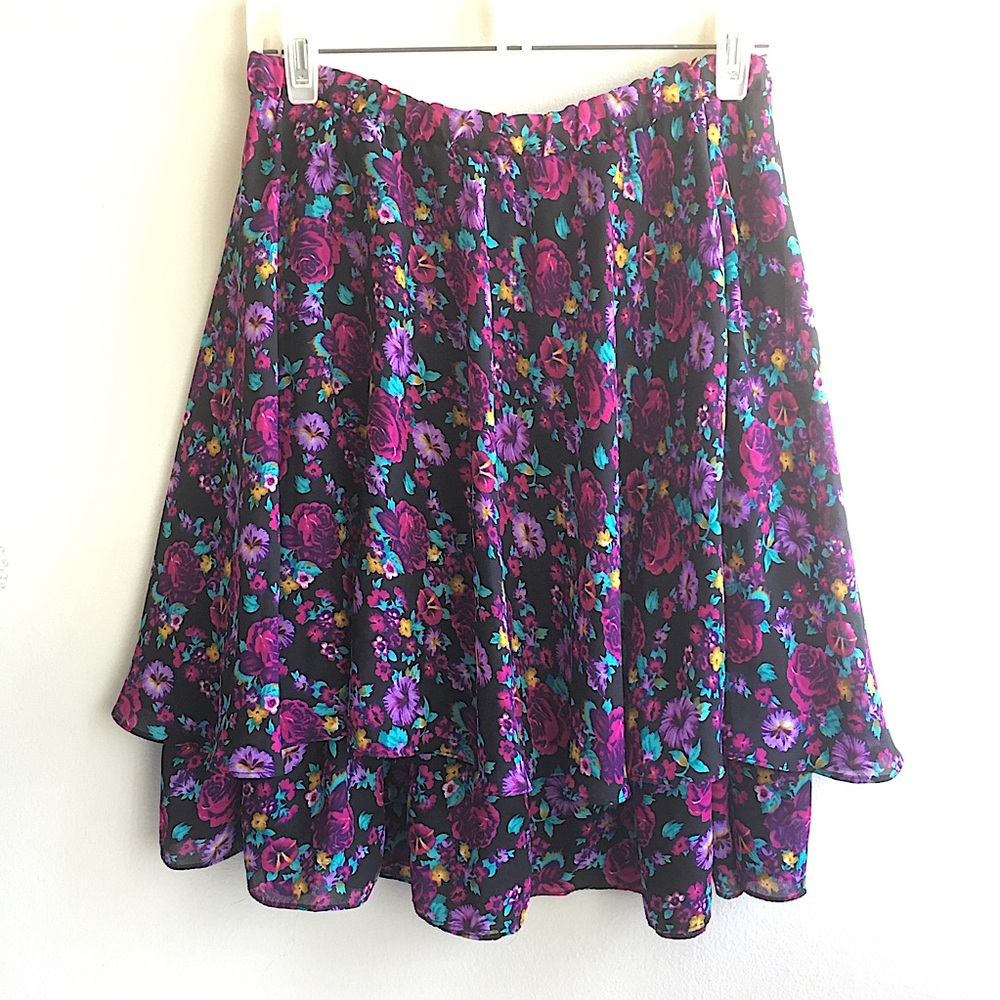 Nina Lee Fashion Sz Medium Girls Black Multicolor Floral Layered Look Skirt